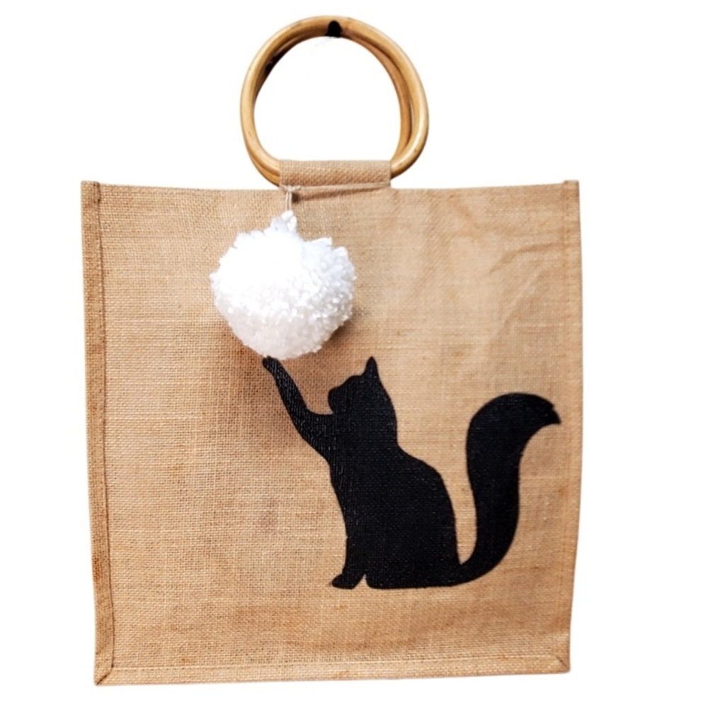 Jute Bag w Cat Silhouette Tote Bag with Bamboo Handles 3D Pom Pom Handcrafted